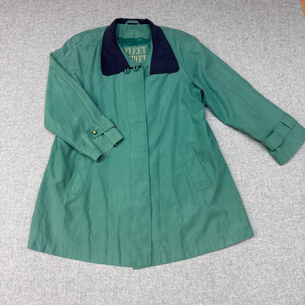 Fleet Street Trench Coat Size 14 Green Navy Blue Contrast Collar Jacket 0989